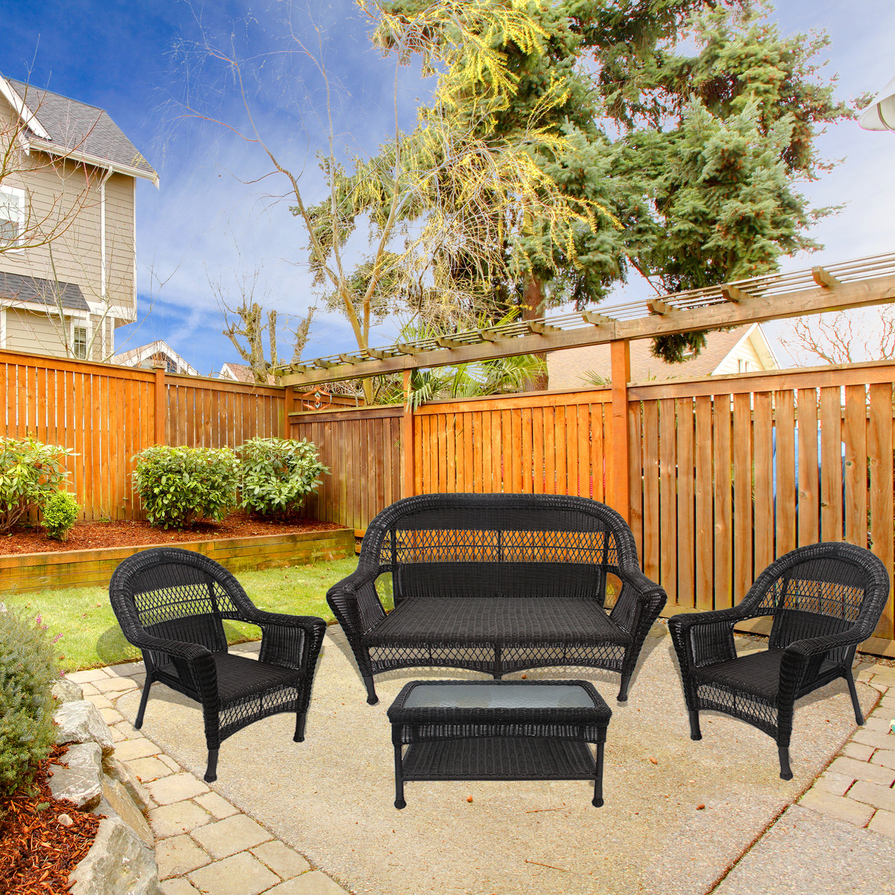 4Pc Brown Resin Wicker Patio Furniture Set with 2 Chairs, Loveseat